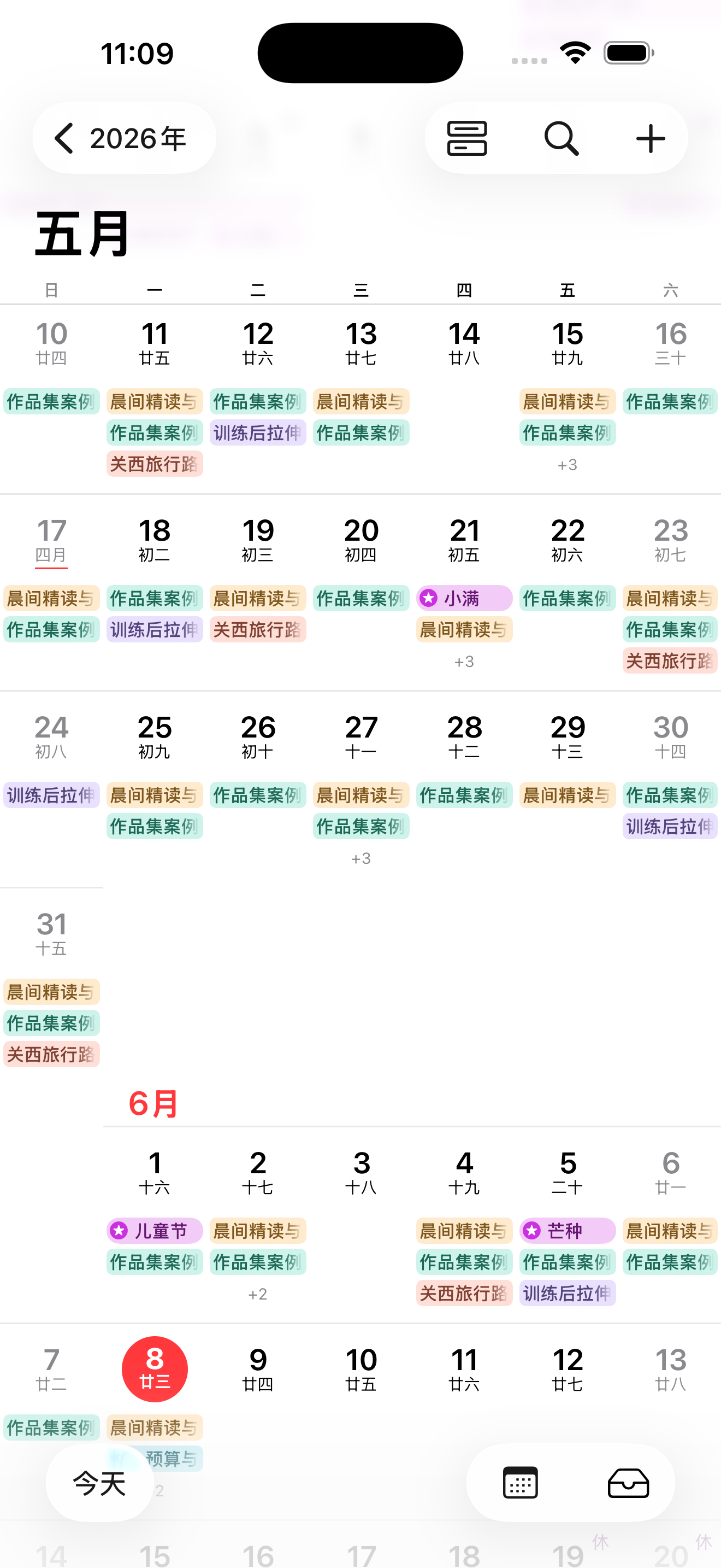 Apple Calendar 中不同颜色的 Aimward 专注日历事件